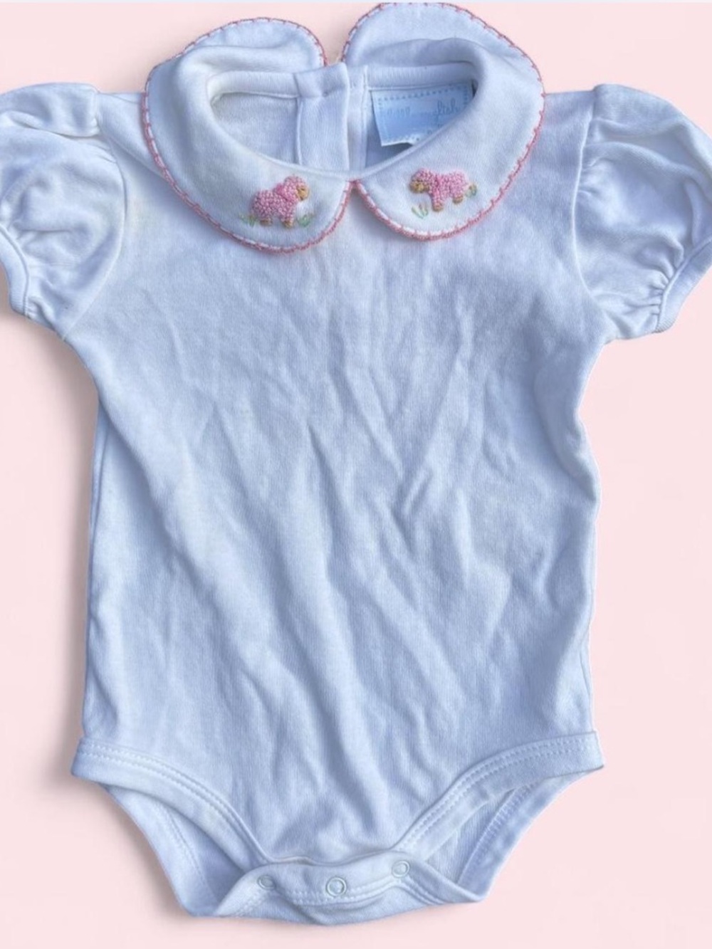 White Little English Onesie with Embroidered Lamb Peter Pan Collar